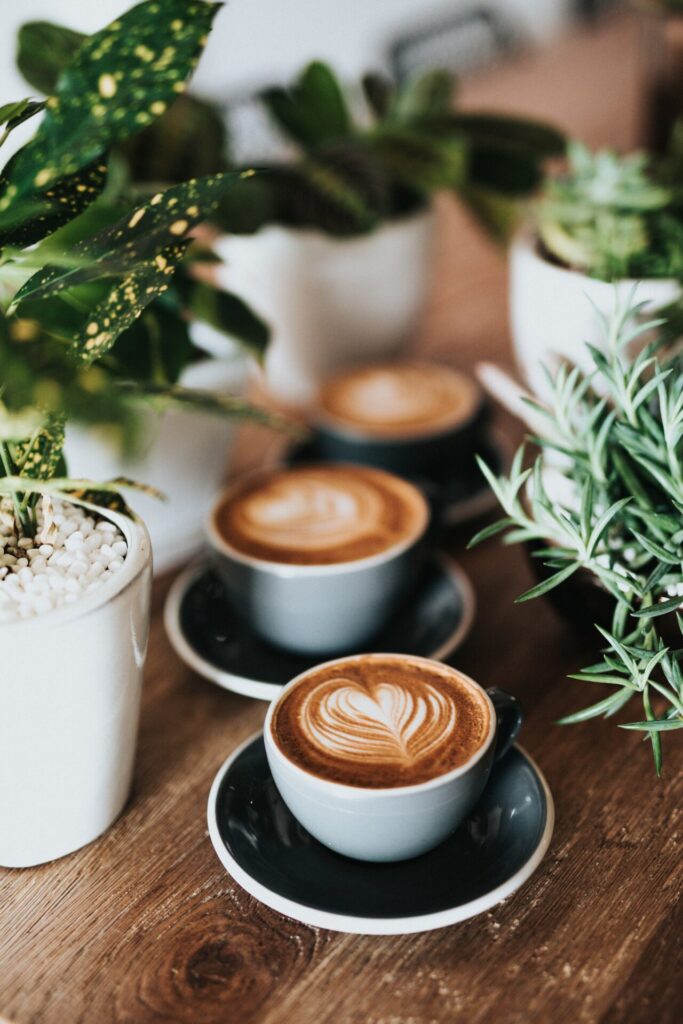 Close-up of three cappuccinos with latte art in dark cups on a wooden table. They are surrounded by green potted plants, creating a cozy and inviting atmosphere.
